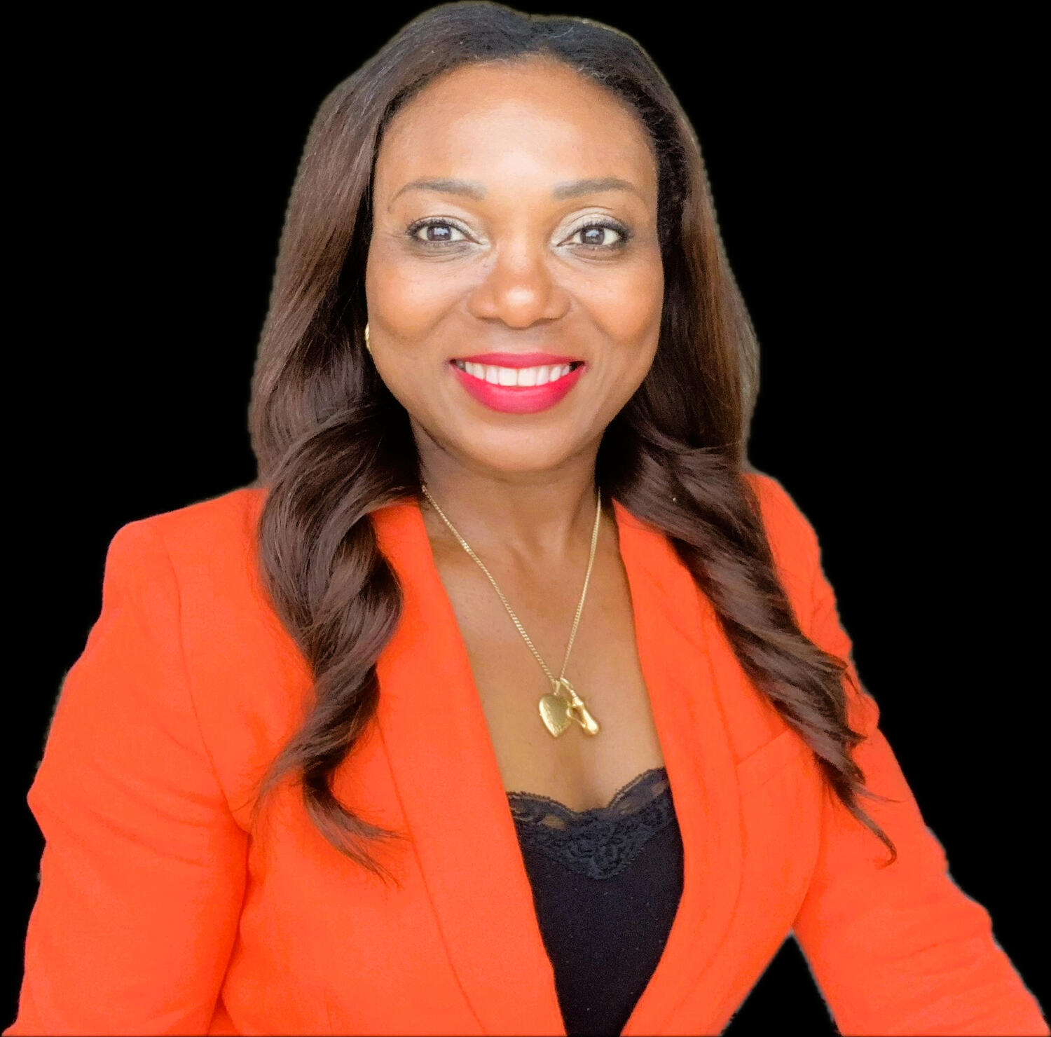 SMILING VOICE Smiling woman in an orange blazer symbolises the uplifting and healing spirit of the Smiling Voice service.