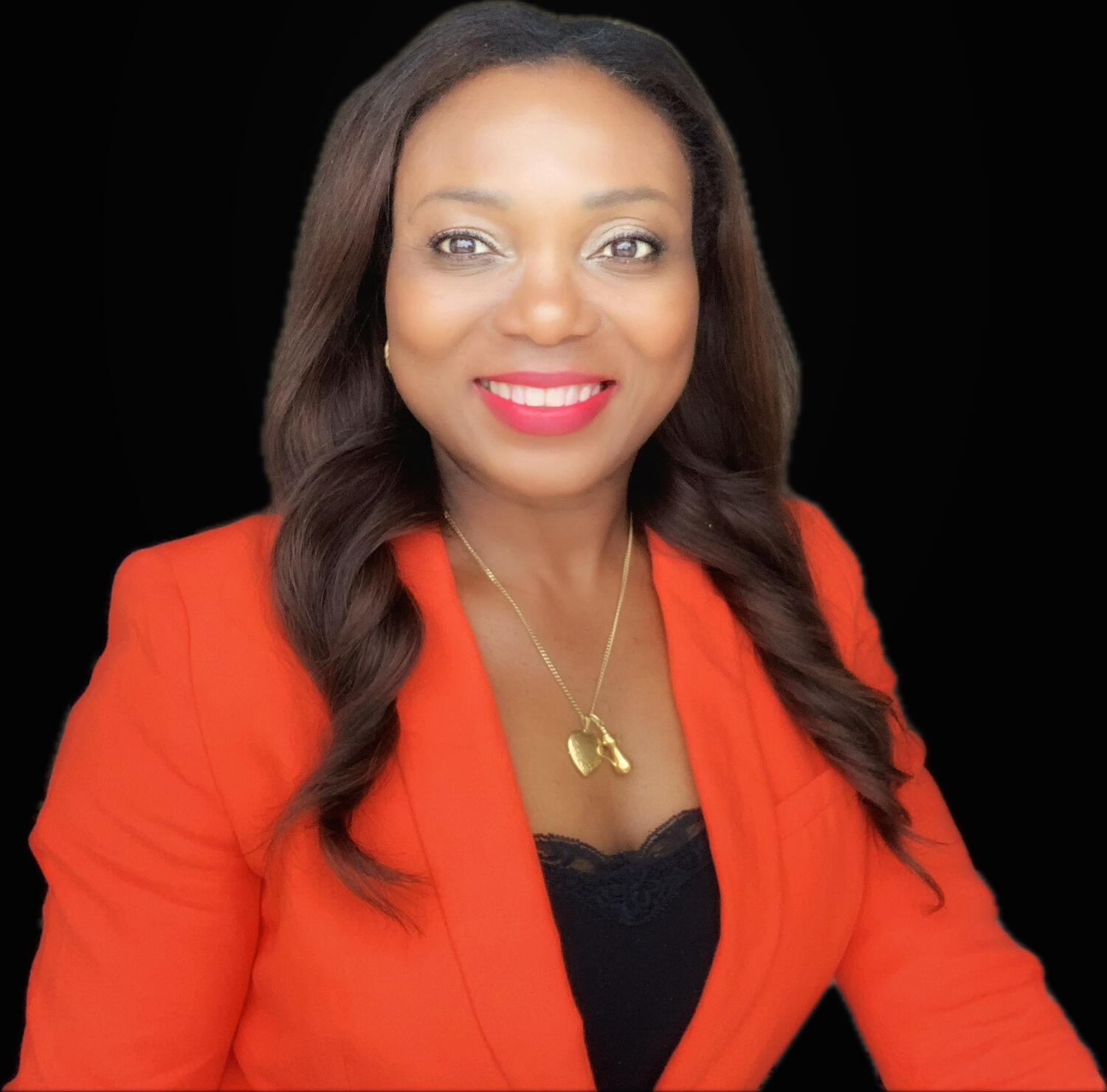 A SMILING VOICE TO BRIGHTEN YOUR DAY Smiling woman in an orange blazer symbolises the uplifting and healing spirit of the Smiling Voice service.
